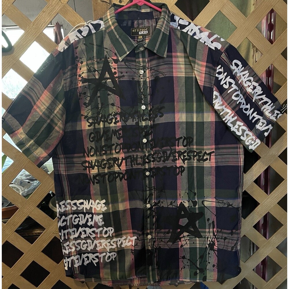 ATTITUDE PLAID Graffiti Print Plaid Button Down Shirt Men's 2XL
